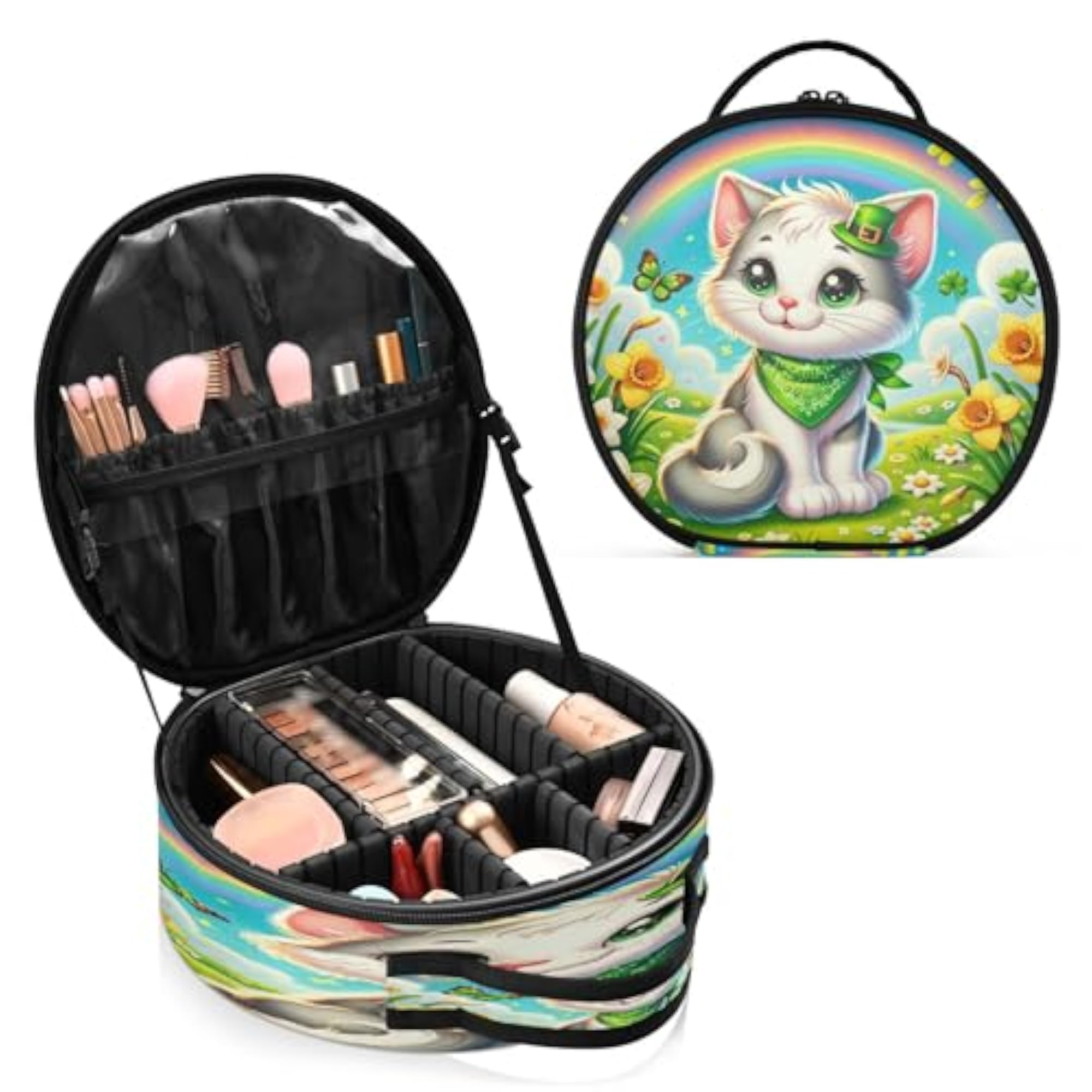 Cat in St Patrick's Hat Travel Makeup Case, Portable Organizer